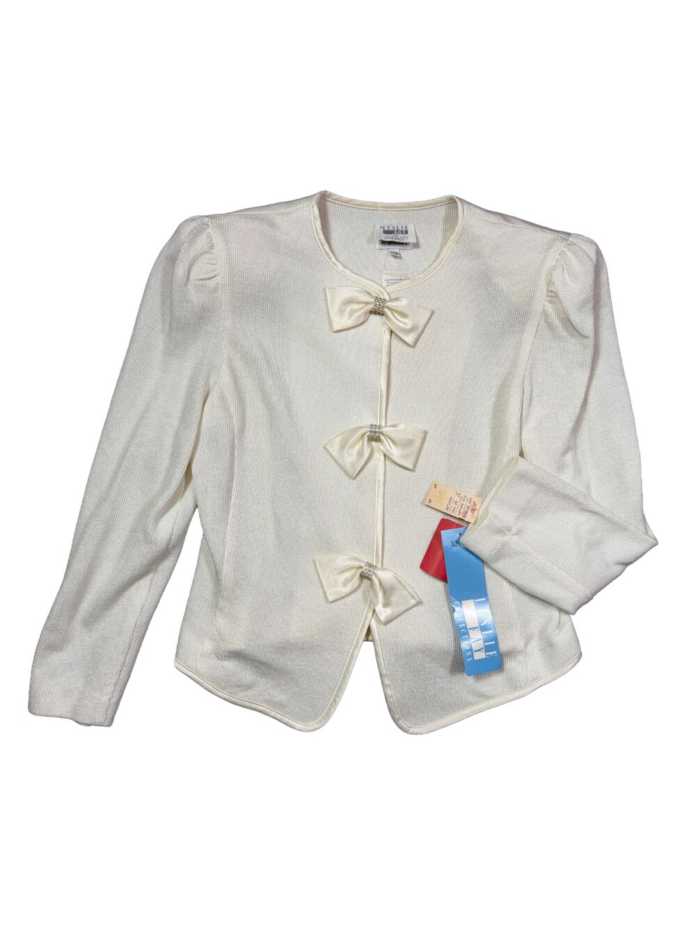 Vintage Leslie Fay Lord & Taylor Sweater Jacket 12 Ivory Bow Rhinestone NWT USA